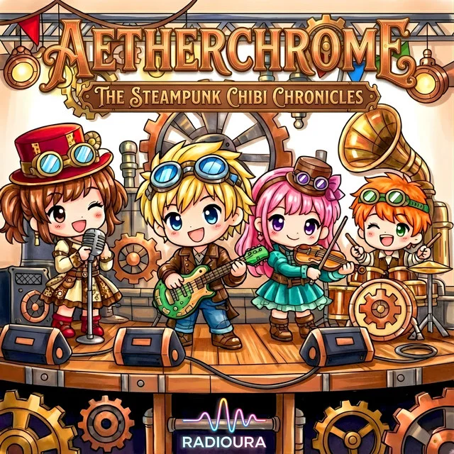 Album cover of Aetherchrome: the Steampunk Chibi Chronicles by Radioura: a chibi steampunk band with a singer, guitarist, violinist and drummer on a stage of brass gears