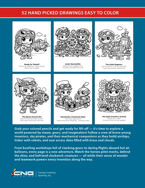 Back cover showing six sample pages: Ready for Takeoff, Junior Gearsmiths, The Little Engineer, The Steam Cannon Girl, Checkmate Clockwork Style, The Little Inventor's Arsenal