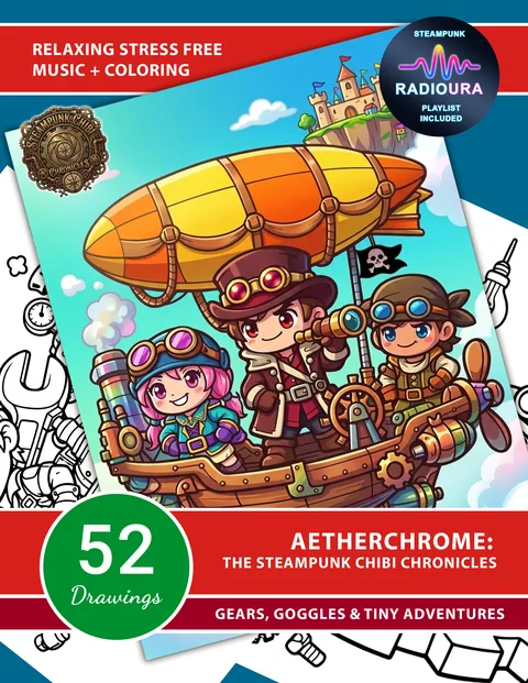 Front cover of Aetherchrome: The Steampunk Chibi Chronicles, three chibi sky pirates on an airship
