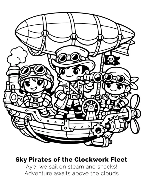 Sample coloring page: Sky Pirates of the Clockwork Fleet, three chibi pirates on a steam airship, black line art