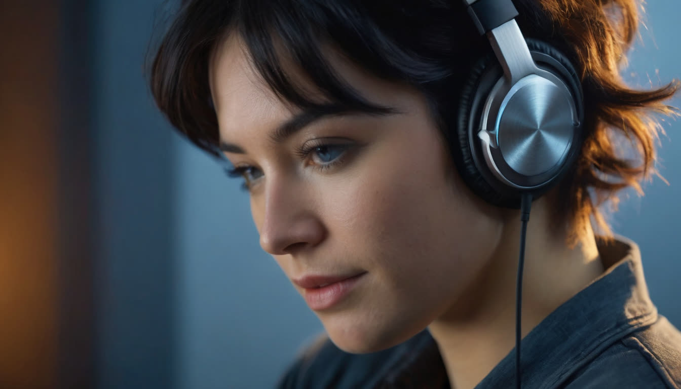 A person in a moody, dimly lit room wearing modern headphones, focused on deep work.