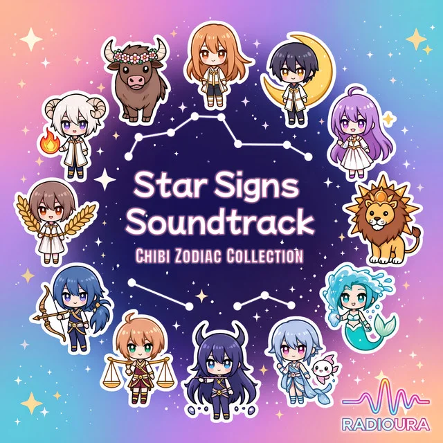 Album cover of Star Signs Soundtrack: Chibi Zodiac Collection by Radioura: the twelve zodiac signs as chibi characters in a circle around a constellation
