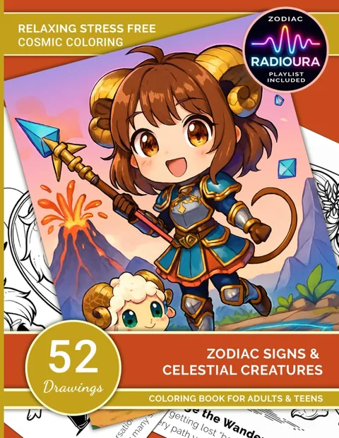 Front cover of Zodiac Signs & Celestial Creatures, a chibi zodiac coloring book for adults and teens