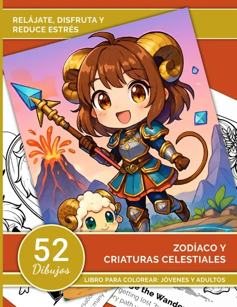 Portada en español: Zodíaco y Criaturas Celestiales, libro para colorear