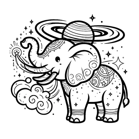 Sample coloring page from Zodiac Signs & Celestial Creatures: Celestial Elephant, a decorated chibi elephant under a ringed planet and stars, black line art