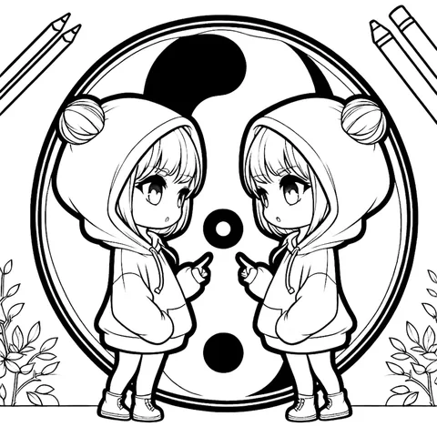 Sample coloring page from Zodiac Signs & Celestial Creatures: Cosmic Twins, two chibi twins in hoodies in front of a yin-yang circle, black line art